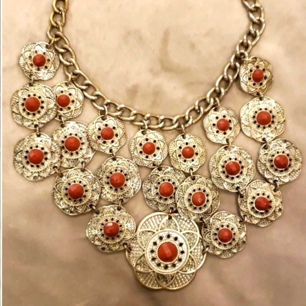 Boho Vintage Brown Silver Bib‎ Collar Necklace